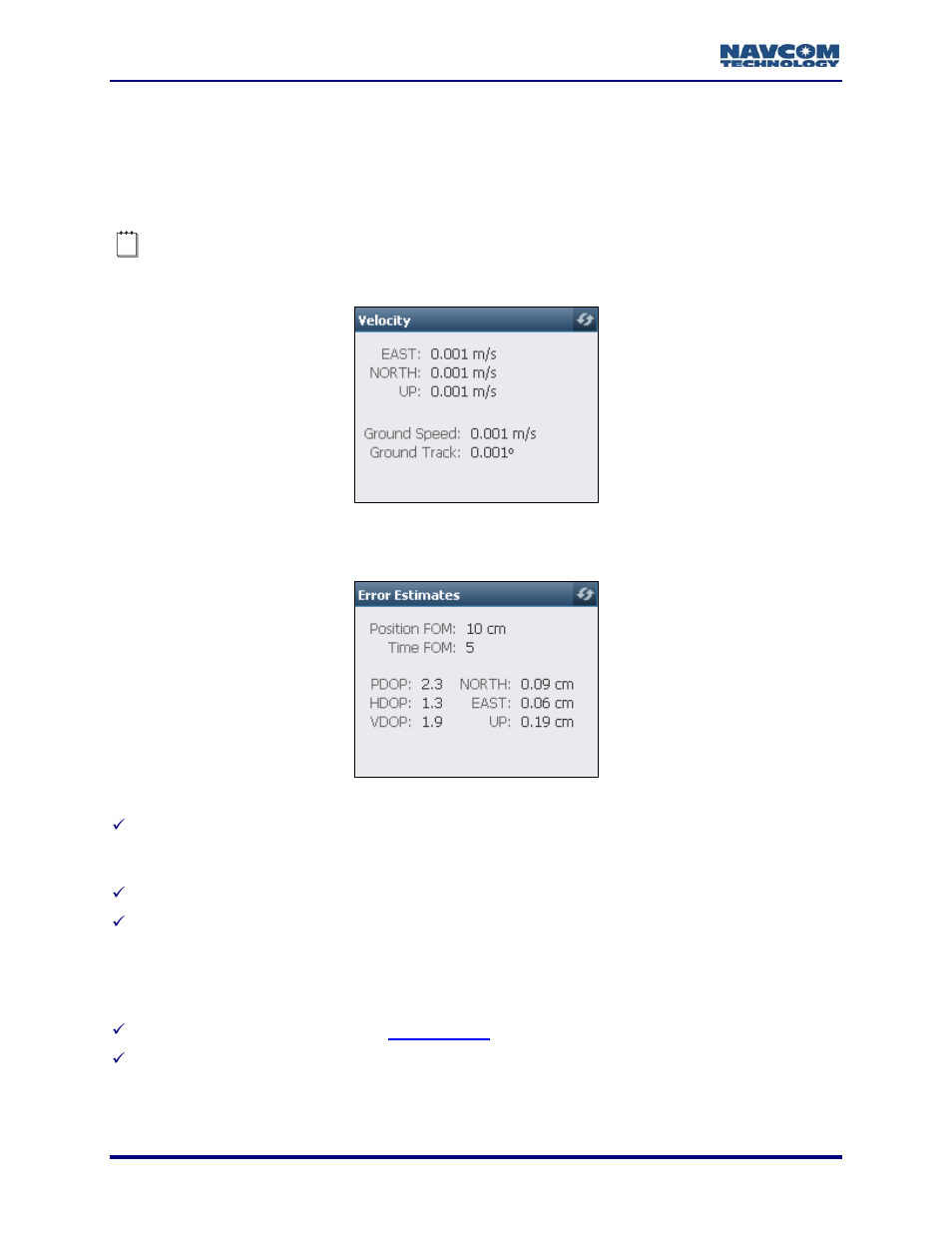 Velocity, Error estimates, Figure 118: pvt tab – velocity window | Figure 119: pvt tab – error estimates window, Figure 119 | NavCom StarUtil-3000 Rev.A User Manual | Page 100 / 119