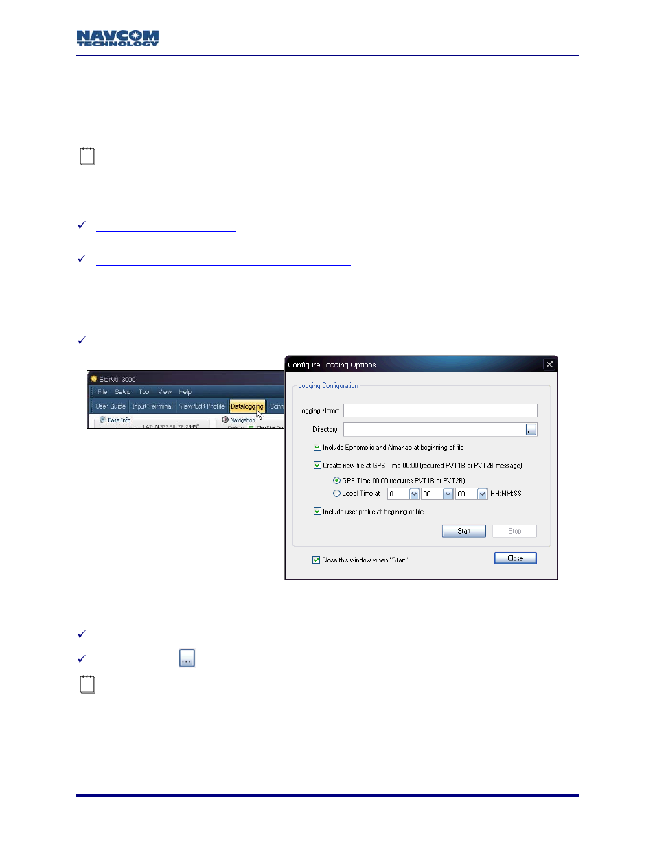 Chapter 10 datalogging, Configure logging options, Chapter 10 | Datalogging, Figure 129: configure logging options window | NavCom StarUtil-3000 Rev.A User Manual | Page 111 / 119