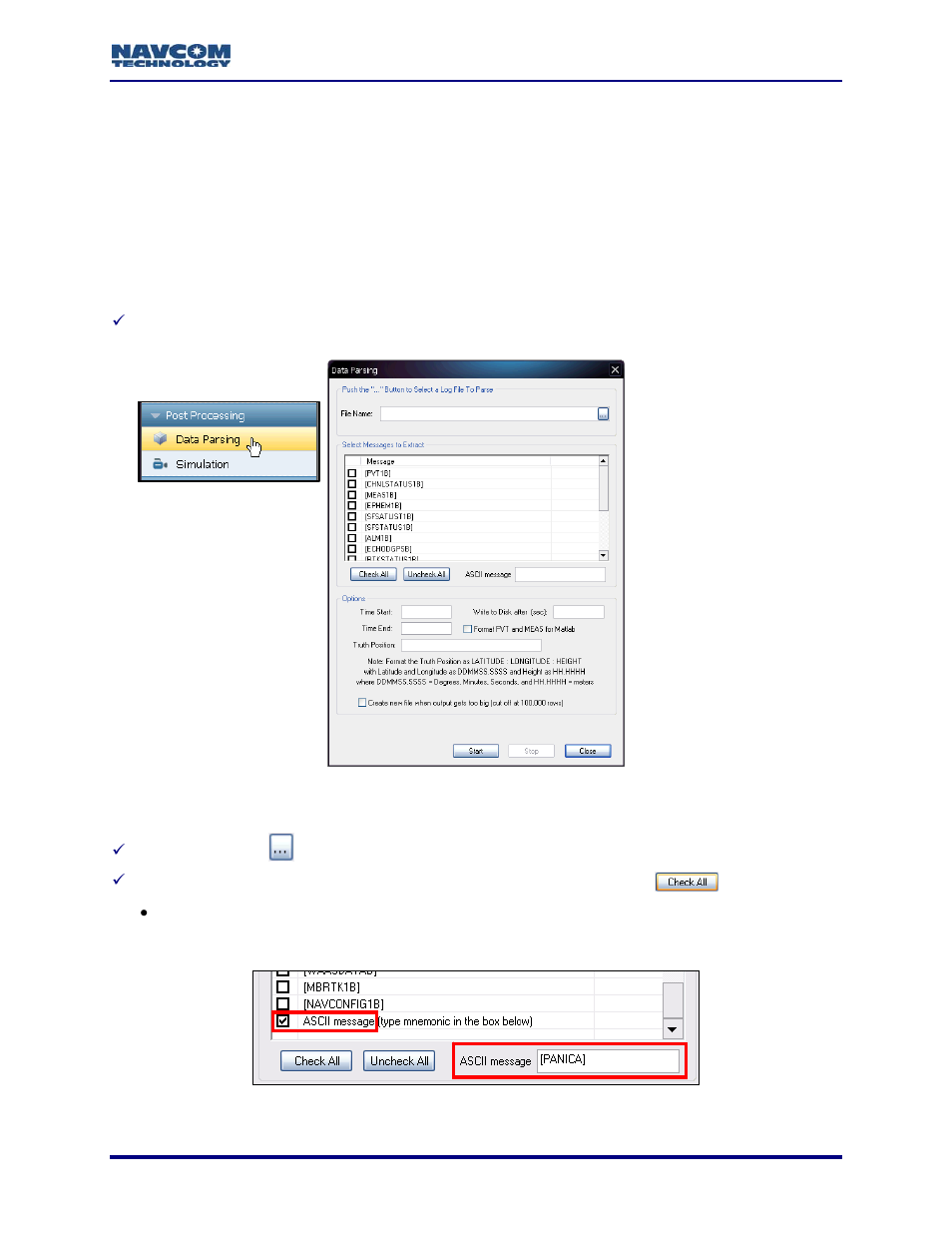 Chapter 11 post processing, Data parsing, Chapter 11 | Post processing, Figure 132: data parsing window, Figure 133: data parsing ascii message, Positions. refer to, Chapter 11 post processing/data parsing | NavCom StarUtil-3000 Rev.A User Manual | Page 115 / 119