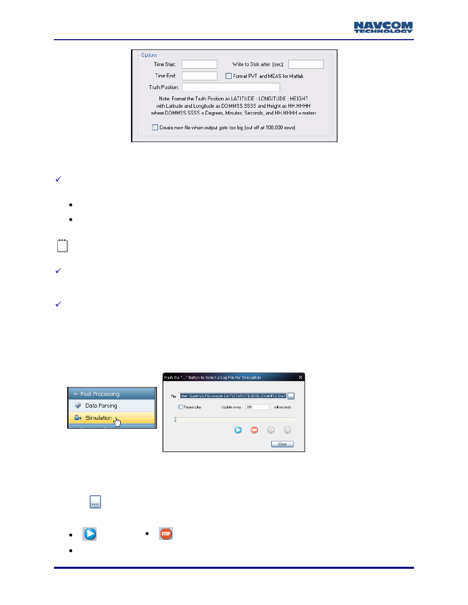 Simulation, Figure 134: data parsing options, Figure 135: simulation dialog box | NavCom StarUtil-3000 Rev.A User Manual | Page 116 / 119