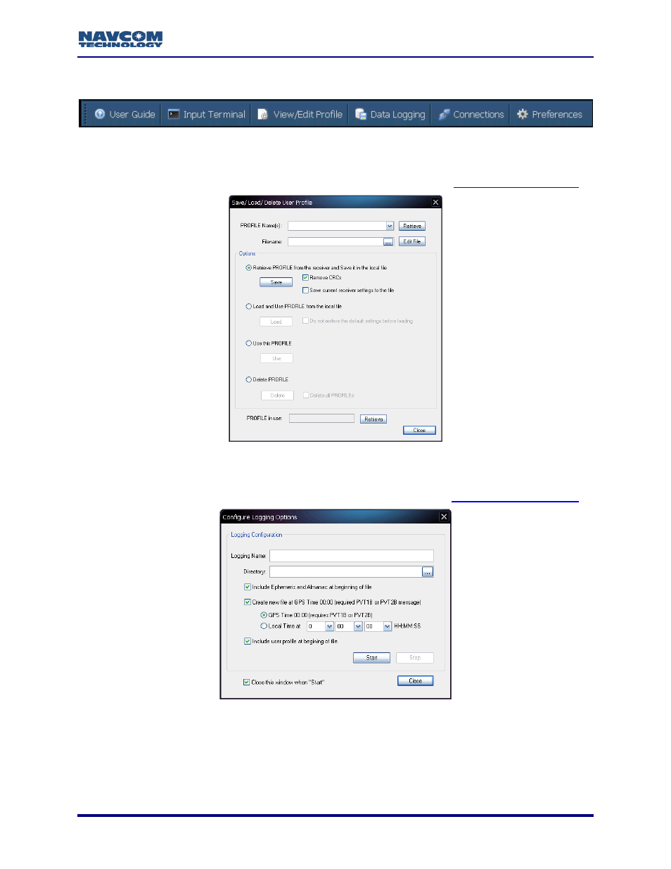 Short cut bar, View/edit profile, Datalogging | Figure 9: short cut bar, Figure 10: save/load/delete user profile, Figure 11: configure logging options, Figure 9) | NavCom StarUtil-3000 Rev.A User Manual | Page 21 / 119