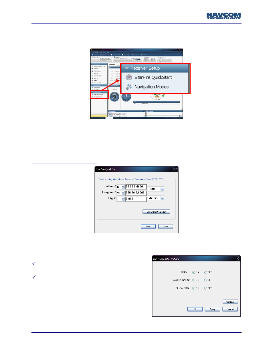 Receiver setup menu, Starfire quickstart, Navigation modes | Figure 21: receiver setup menu, Figure 22: starfire quickstart window, Figure 23: set navigation modes window, And set, Navigation, Modes, Port data | NavCom StarUtil-3000 Rev.A User Manual | Page 26 / 119