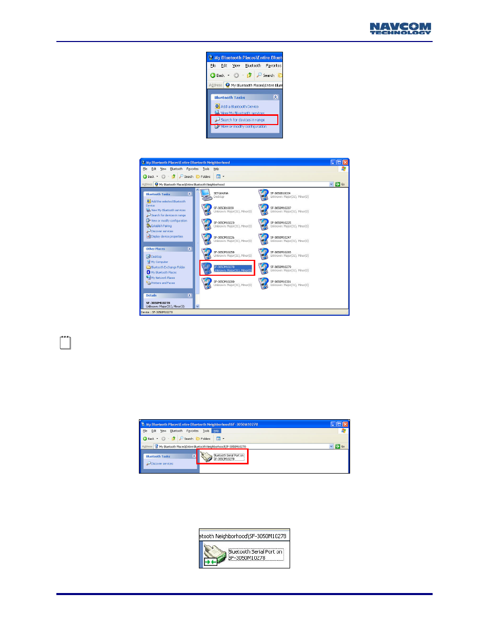 Figure 32: search for bluetooth devices in range, Figure 33: bluetooth devices in range, Figure 34: bluetooth serial port icon | Figure 35: bluetooth virtual com port connection | NavCom StarUtil-3000 Rev.A User Manual | Page 32 / 119