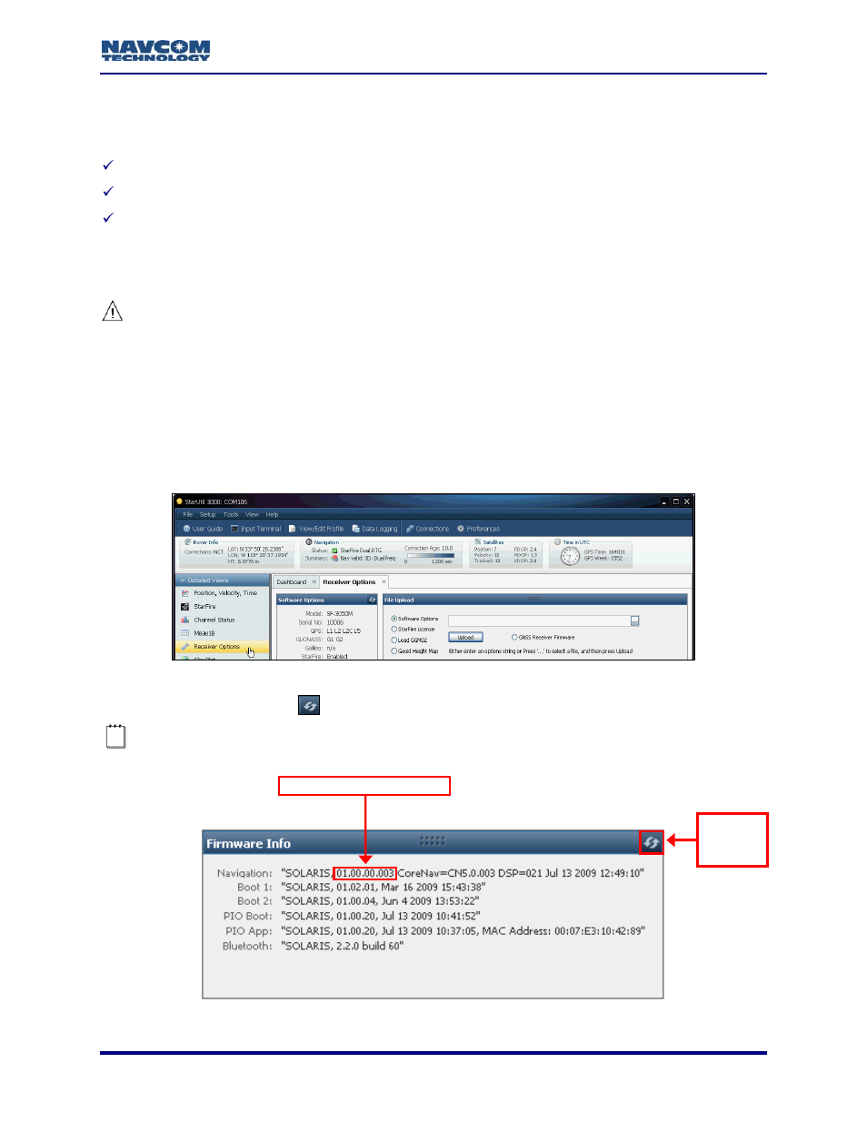 Chapter 3 firmware, Determine if installed firmware is most current, Chapter 3 | Firmware, Figure 42: access to receiver options tab, Figure 43: example of installed firmware | NavCom StarUtil-3000 Rev.A User Manual | Page 39 / 119