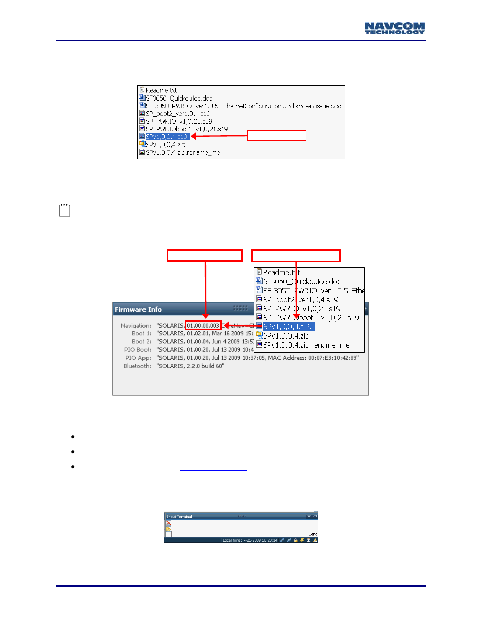 Alternative method to determine firmware versions, Figure 44: firmware folder, Figure 45: comparing current & installed firmware | Figure 46: input terminal | NavCom StarUtil-3000 Rev.A User Manual | Page 40 / 119