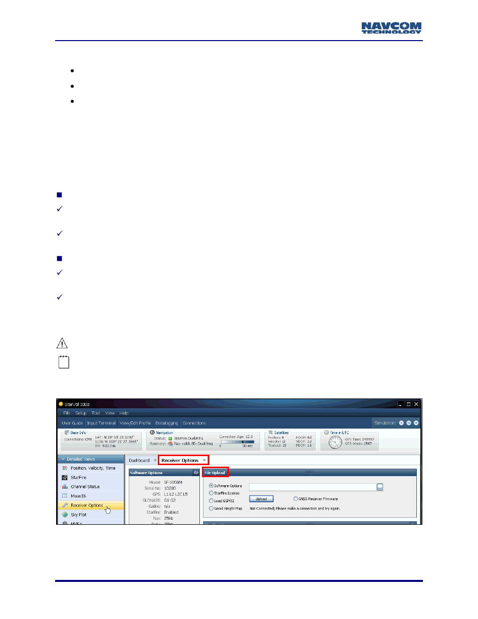Upload firmware, Figure 50: receiver options, Go to the section below | NavCom StarUtil-3000 Rev.A User Manual | Page 42 / 119