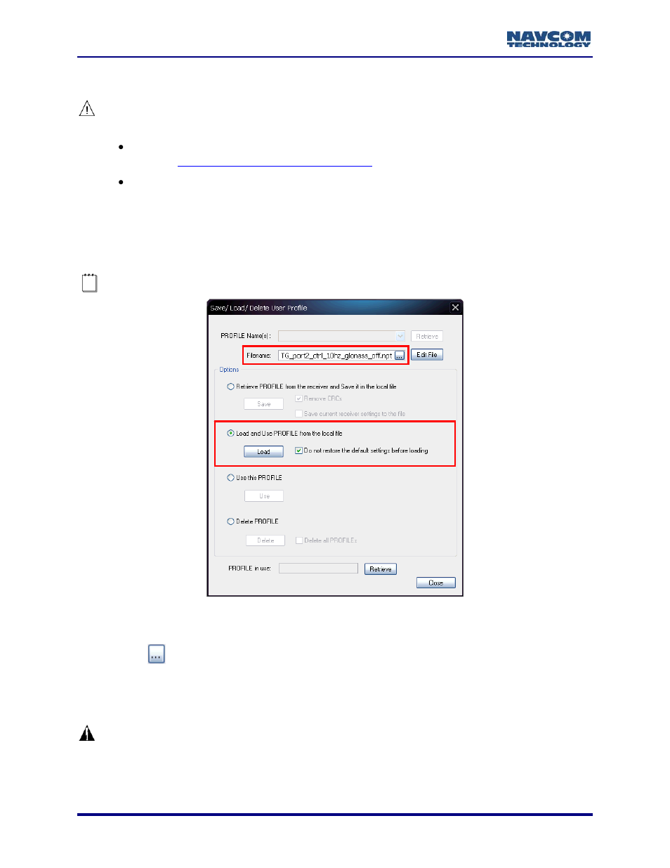 Before uploading a user profile, Upload user profile, Upload user profile from local file | Figure 78: user profile – load from local file | NavCom StarUtil-3000 Rev.A User Manual | Page 64 / 119