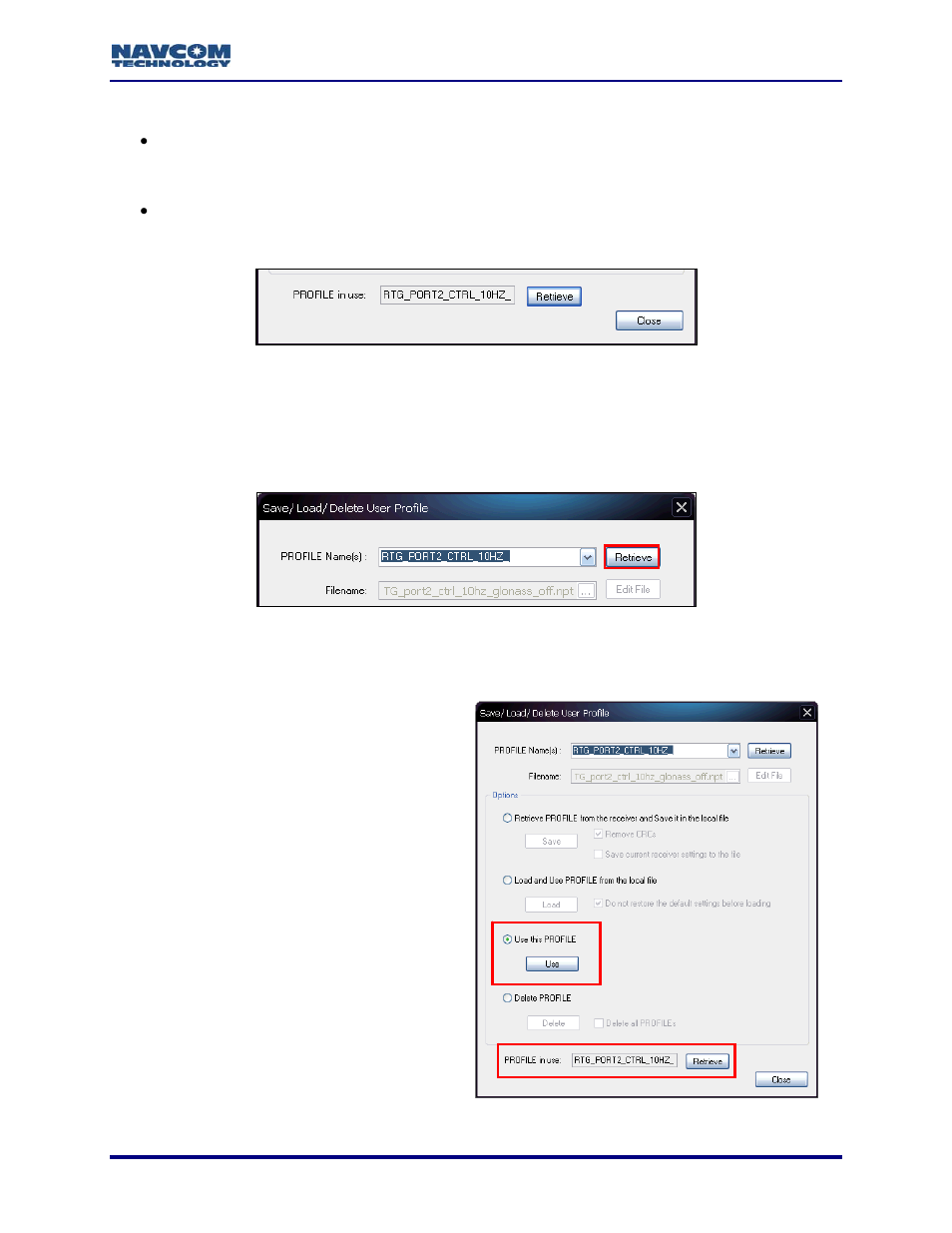 Figure 79: profile in use, Figure 80: user profile – retrieve from receiver, Figure 81: user profile – use retrieved profile | NavCom StarUtil-3000 Rev.A User Manual | Page 65 / 119