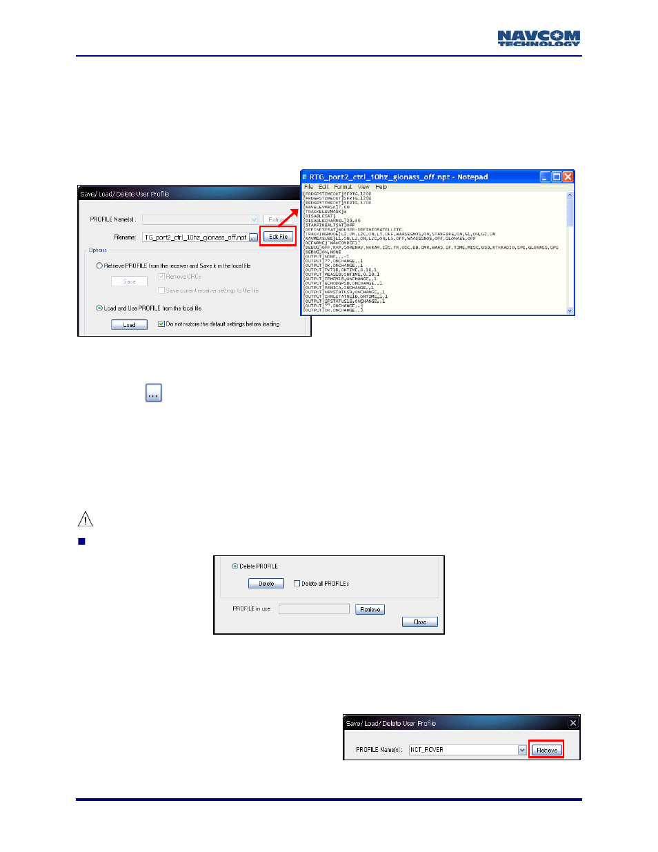 Edit user profile, Delete user profile(s) from receiver, Figure 84: edit user profile | Figure 85: delete one user profile, Figure 86: retrieve user profile(s) from receiver | NavCom StarUtil-3000 Rev.A User Manual | Page 68 / 119