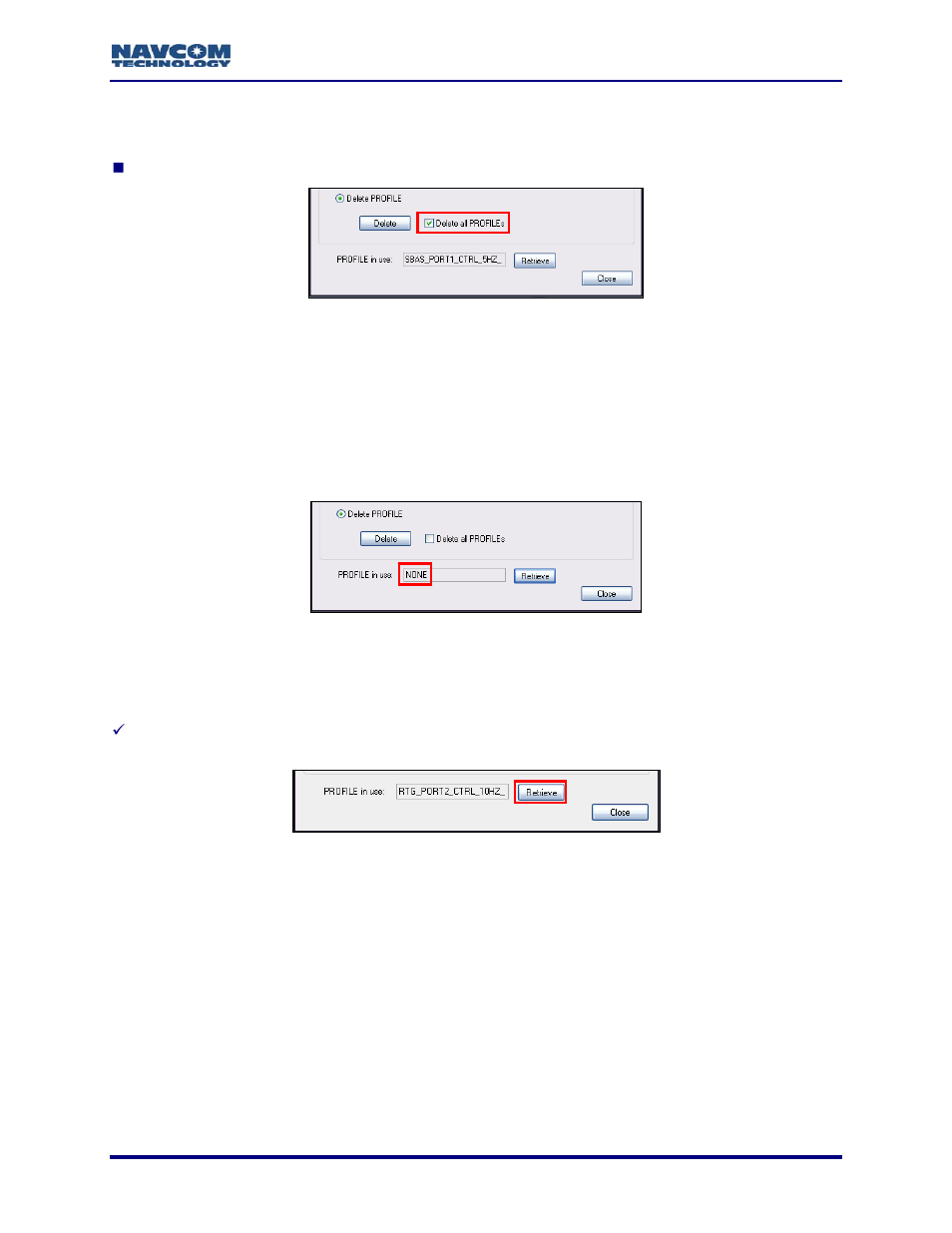 Verify profile in use, Figure 87: delete all user profiles, Figure 88: profile in use: none | Figure 89: profile in use | NavCom StarUtil-3000 Rev.A User Manual | Page 69 / 119