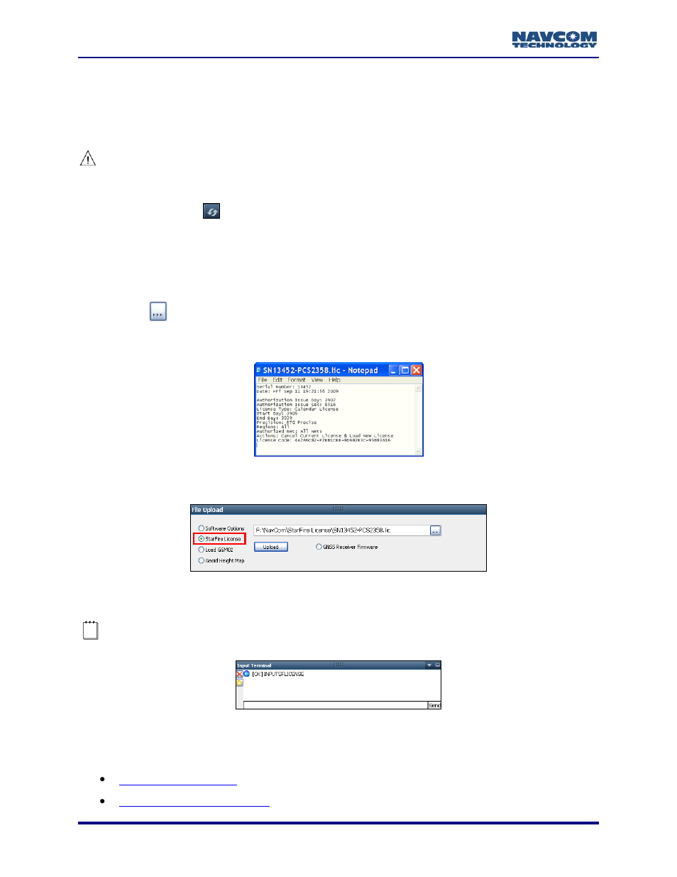 How to upload starfire license via data cable, Figure 91: example starfire license, Figure 92: file upload – starfire license | NavCom StarUtil-3000 Rev.A User Manual | Page 76 / 119