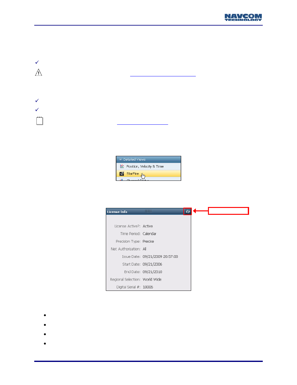 Starfire license data, Starfire tab, Figure 94: detailed views menu – starfire | Figure 95: starfire license info window | NavCom StarUtil-3000 Rev.A User Manual | Page 78 / 119