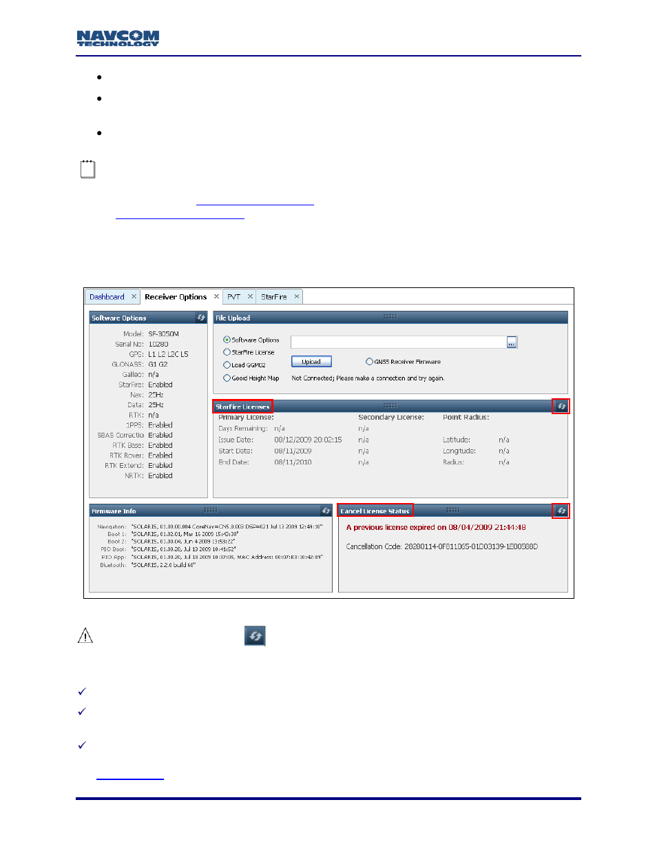 Receiver options tab, Starfire licenses window, Figure 96: receiver options tab – starfire windows | NavCom StarUtil-3000 Rev.A User Manual | Page 79 / 119