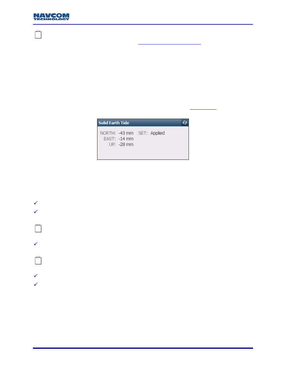 Solid earth tide, Requirements for output of set corrections, Figure 117: pvt tab – solid earth tide window | Velocity, Window on the | NavCom StarUtil-3000 Rev.A User Manual | Page 99 / 119