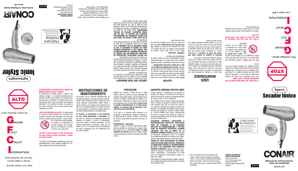 Instrucciones de mantenimiento, User maintenance, Ligero | Lightweight, Este mensaje sobre los, Round, Ault, Ircuit, Precaución, Garantía limitada por dos años | Conair 227 User Manual | Page 2 / 2