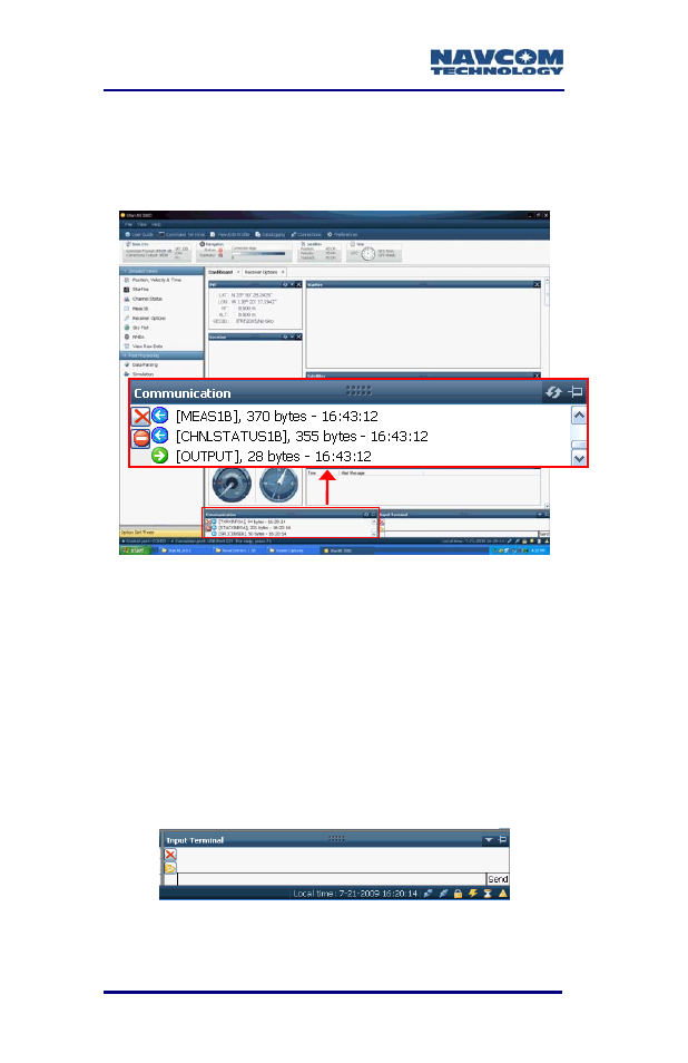 Determine current firmware versions, Figure 5: starutil-3000 communication window, Figure 6: input terminal window | NavCom SF-3050 Rev.A User Manual | Page 26 / 169