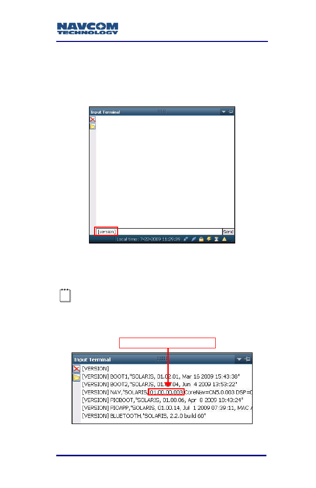 Figure 7: version command, Figure 8: example of installed firmware | NavCom SF-3050 Rev.A User Manual | Page 27 / 169
