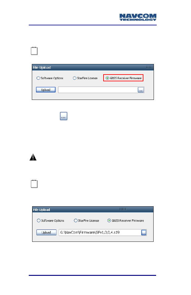 Figure 12: gnss receiver firmware, Figure 13: firmware upload | NavCom SF-3050 Rev.A User Manual | Page 30 / 169