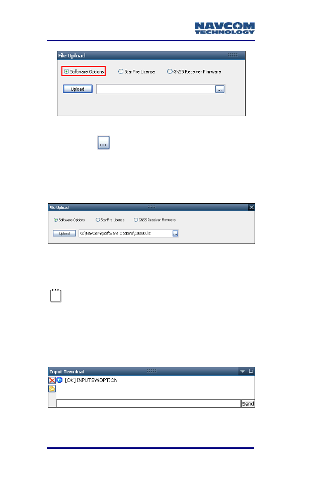 Figure 15: software options, Figure 16: software options upload, Figure 17: successful software options upload | NavCom SF-3050 Rev.A User Manual | Page 32 / 169