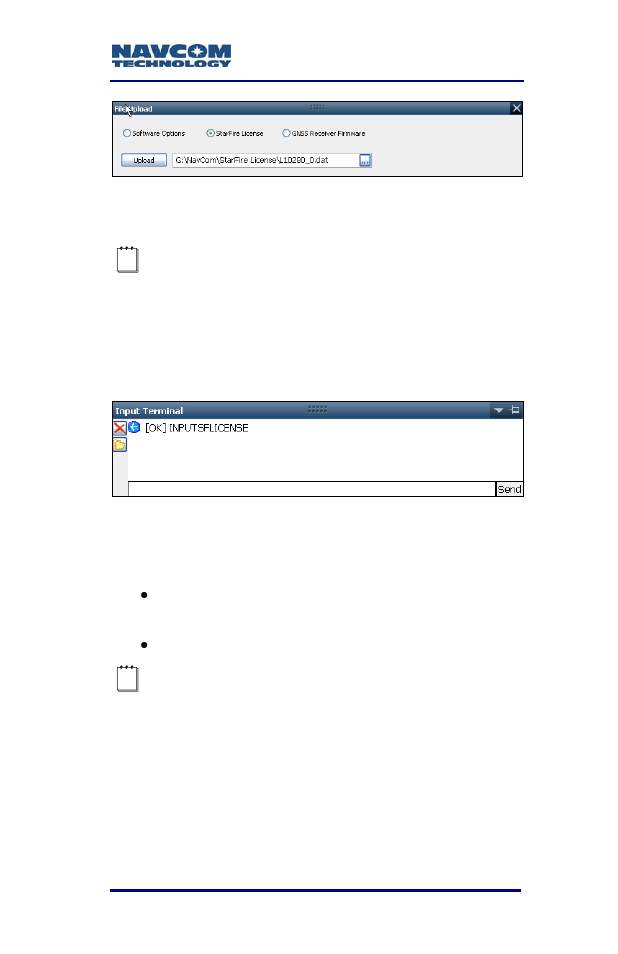 Figure 20: starfire license upload, Figure 21: successful starfire license upload, D field (see figure 20 | NavCom SF-3050 Rev.A User Manual | Page 35 / 169