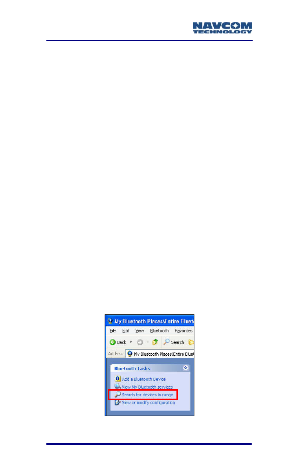 Bluetooth communications setup, Figure 37: search for bluetooth devices in range, W, bluetooth | NavCom SF-3050 Rev.A User Manual | Page 72 / 169