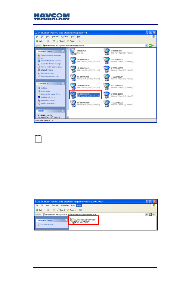 Figure 38: bluetooth devices in range, Figure 39: bluetooth serial port icon | NavCom SF-3050 Rev.A User Manual | Page 73 / 169