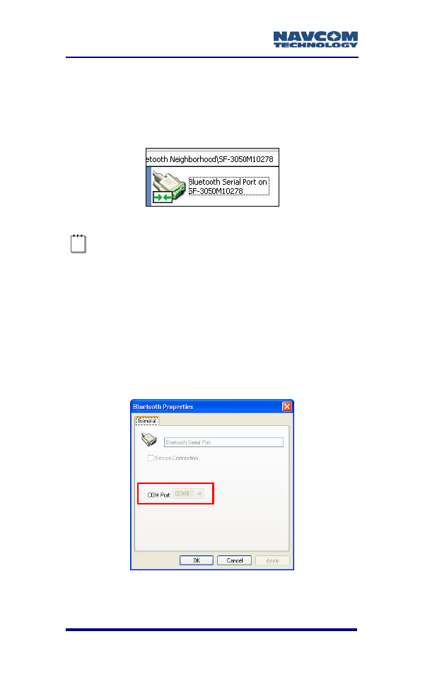 Figure 40: bluetooth virtual com port connection, Figure 41: bluetooth properties | NavCom SF-3050 Rev.A User Manual | Page 74 / 169