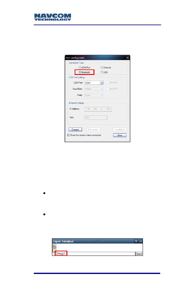 Figure 42: bluetooth port configuration, Figure 43: input terminal ping command | NavCom SF-3050 Rev.A User Manual | Page 75 / 169