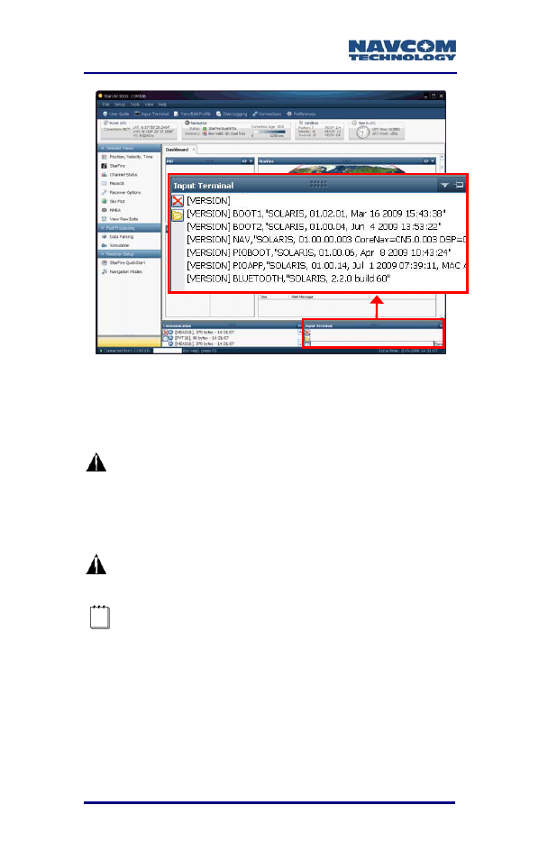 Upload firmware, Figure 11: input terminal – firmware versions | NavCom SF-3050 Rev.B User Manual | Page 32 / 201