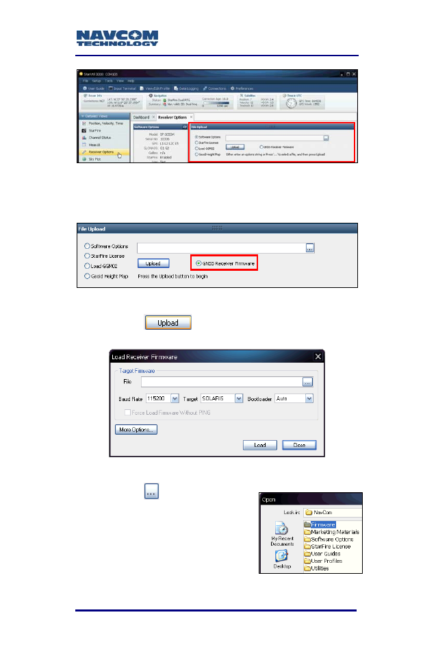 Figure 12: file upload window, Figure 13: gnss receiver firmware option, Figure 14: load receiver firmware window | Figure 15: firmware folder | NavCom SF-3050 Rev.B User Manual | Page 33 / 201