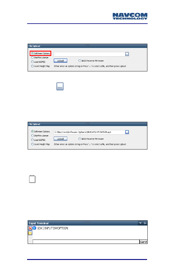Figure 18: software options, Figure 19: software options upload, Figure 20: successful software options upload | NavCom SF-3050 Rev.B User Manual | Page 36 / 201