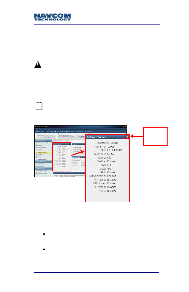 Figure 21: software options window | NavCom SF-3050 Rev.B User Manual | Page 37 / 201