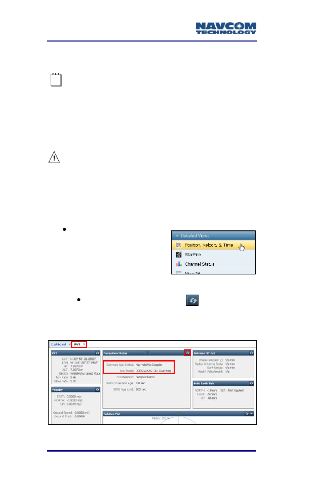 Upload starfire license, Figure 22: pvt menu item, Figure 23: navigation status window | NavCom SF-3050 Rev.B User Manual | Page 38 / 201