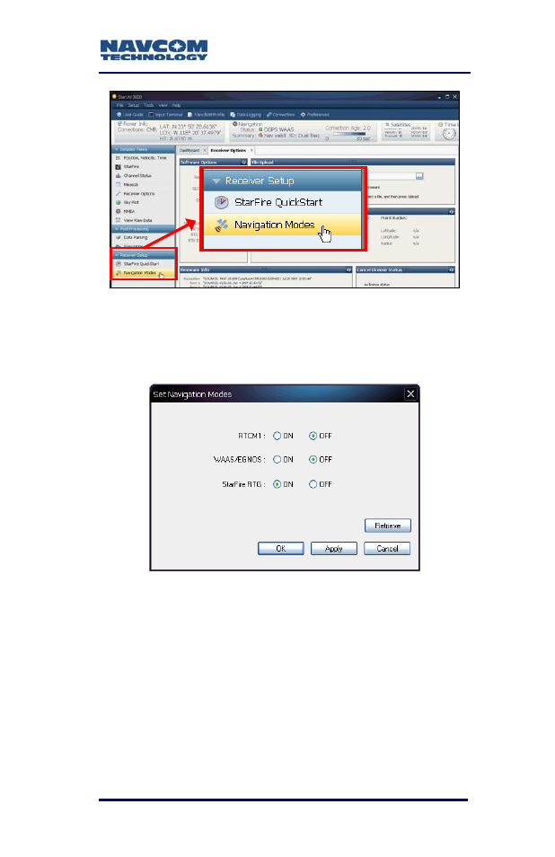 Figure 24: navigation modes menu item, Figure 25: starfire navigation mode on | NavCom SF-3050 Rev.B User Manual | Page 39 / 201