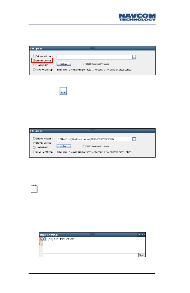 Figure 26: starfire license, Figure 27: starfire license upload, Figure 28: successful starfire license upload | NavCom SF-3050 Rev.B User Manual | Page 40 / 201