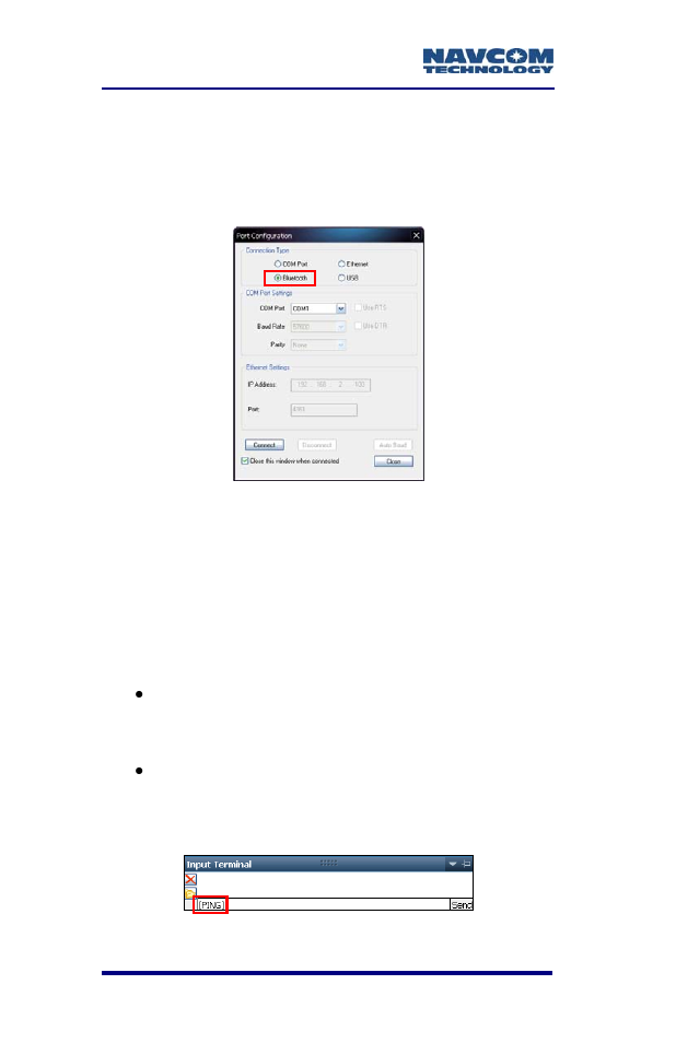 Figure 50: bluetooth port configuration, Figure 51: input terminal ping command | NavCom SF-3050 Rev.B User Manual | Page 82 / 201