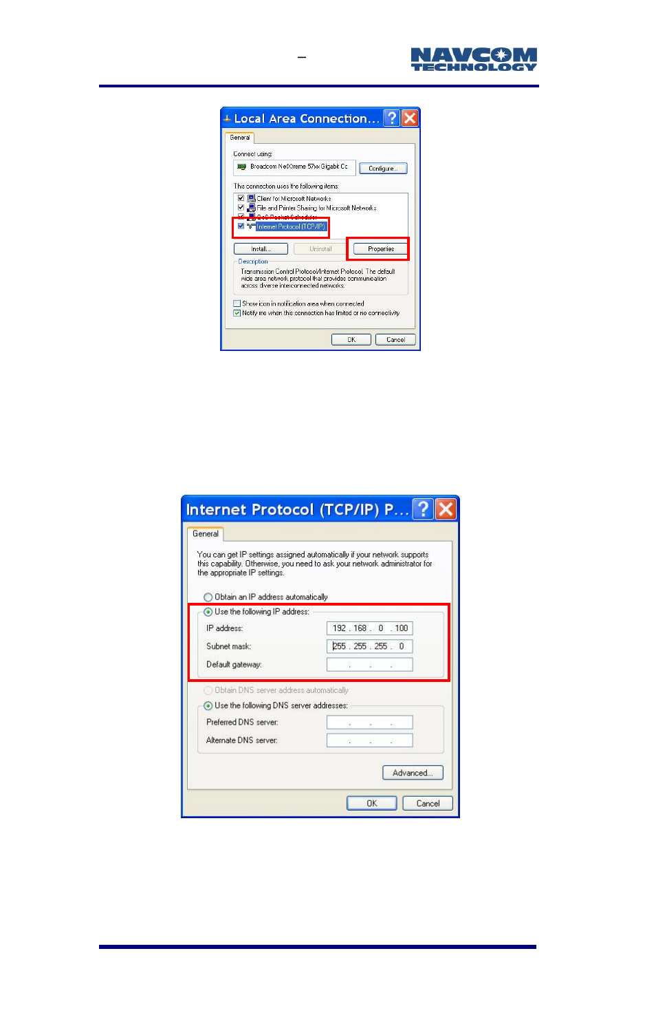Figure 66: local area connection window, Figure 67: internet protocol window | NavCom SF-3050 Rev.E User Manual | Page 122 / 235