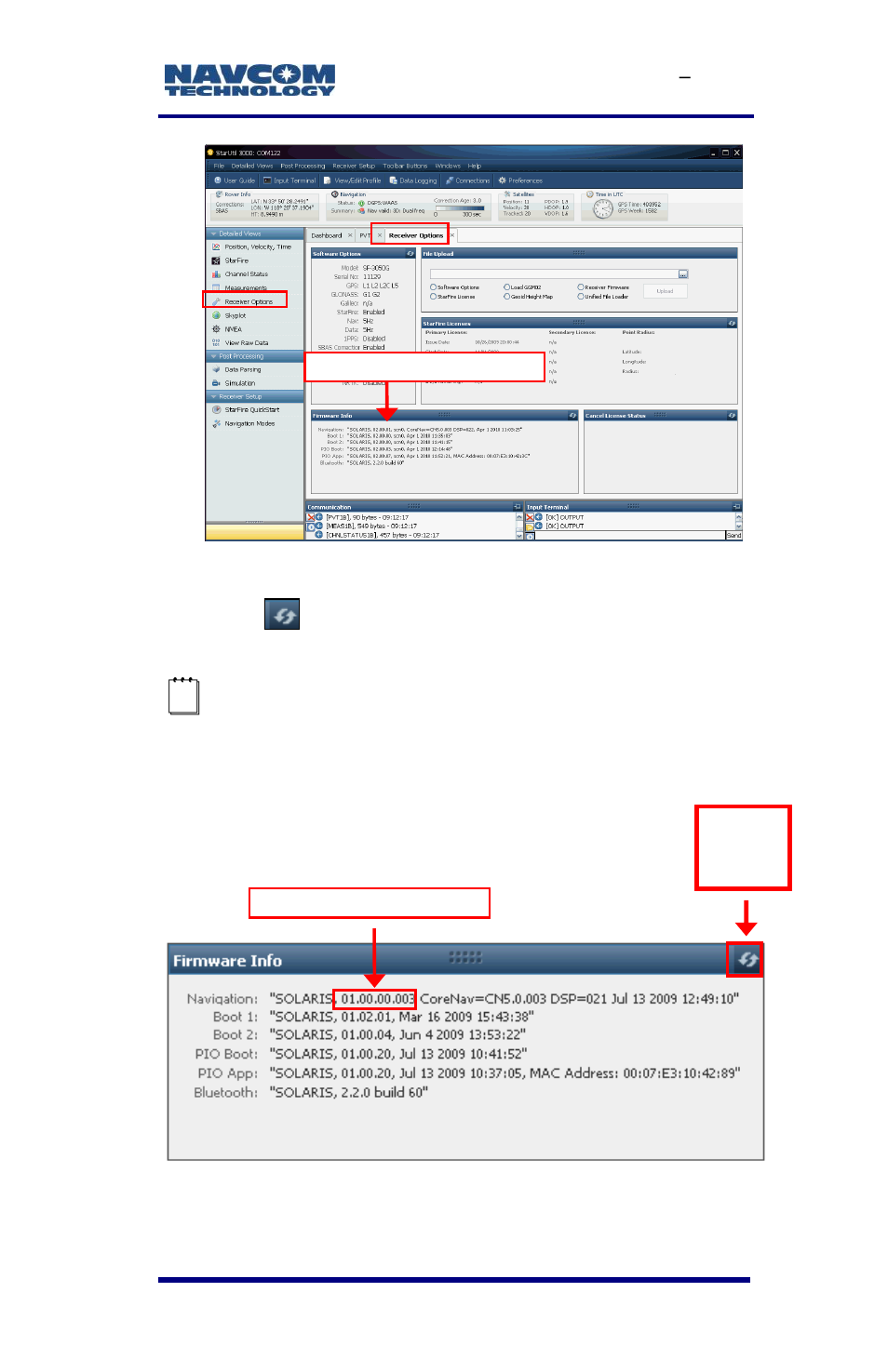 Figure 7: access to receiver options tab, Figure 8: example of installed firmware | NavCom SF-3050 Rev.E User Manual | Page 37 / 235