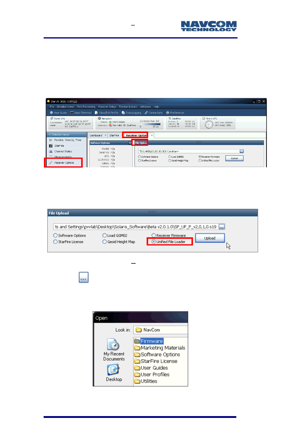Upload a unified firmware file, Figure 14: receiver options tab, Figure 15: file upload | Unified file loader option, Figure 16: firmware folder | NavCom SF-3050 Rev.E User Manual | Page 42 / 235