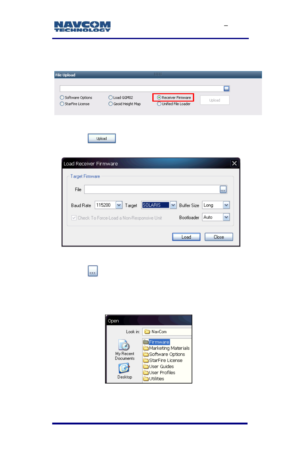 Figure 20: receiver firmware option, Figure 21: load receiver firmware, Figure 22: firmware folder | NavCom SF-3050 Rev.E User Manual | Page 45 / 235