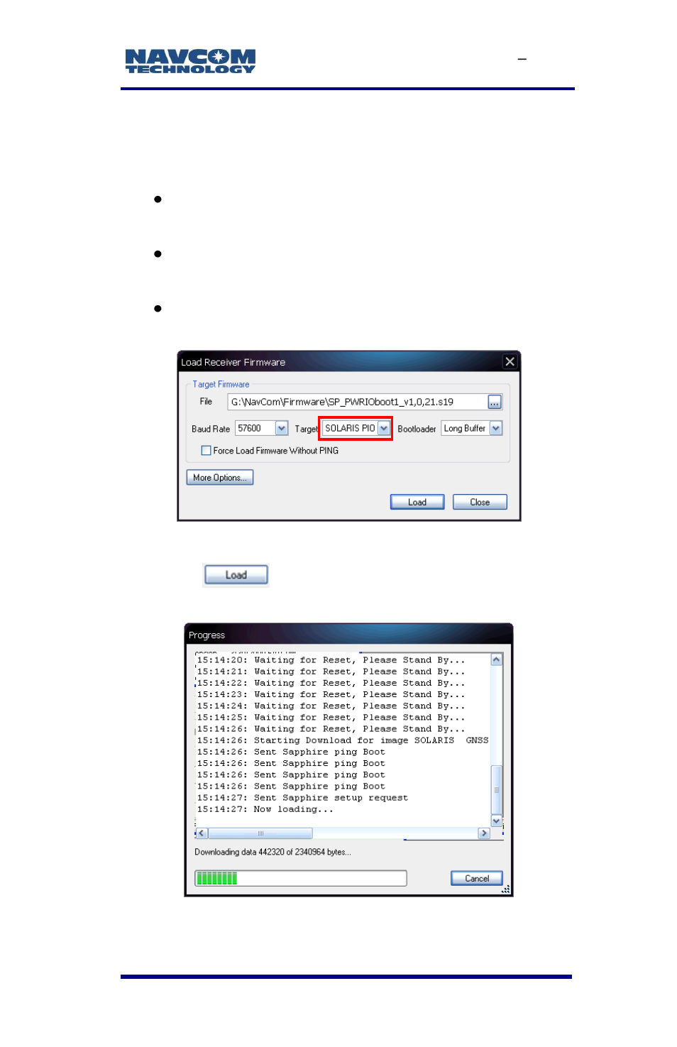 Figure 24: settings for pwrio firmware, Figure 25: progress dialog box | NavCom SF-3050 Rev.E User Manual | Page 47 / 235