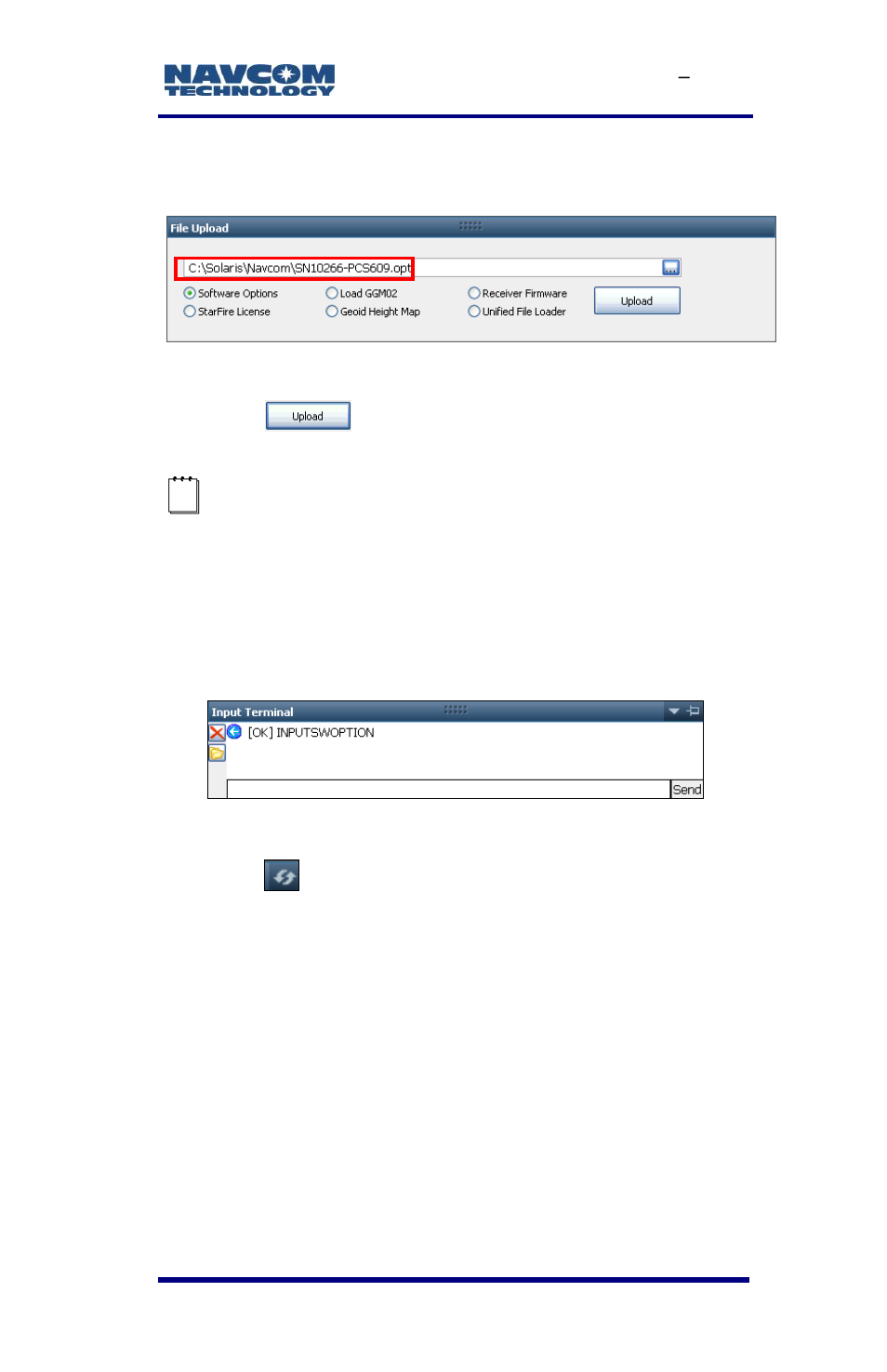 Figure 27: software options upload, Figure 28: successful software options upload | NavCom SF-3050 Rev.E User Manual | Page 49 / 235