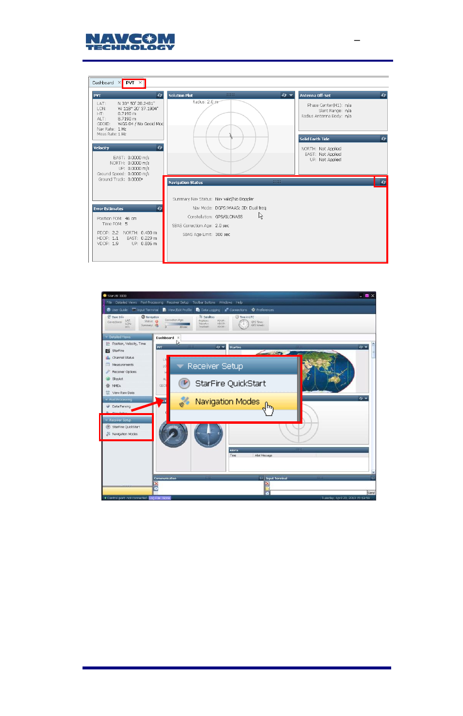 Figure 31: pvt tab/navigation status window, Figure 32: navigation modes menu item, Figure 31 | E figure 31) | NavCom SF-3050 Rev.E User Manual | Page 53 / 235