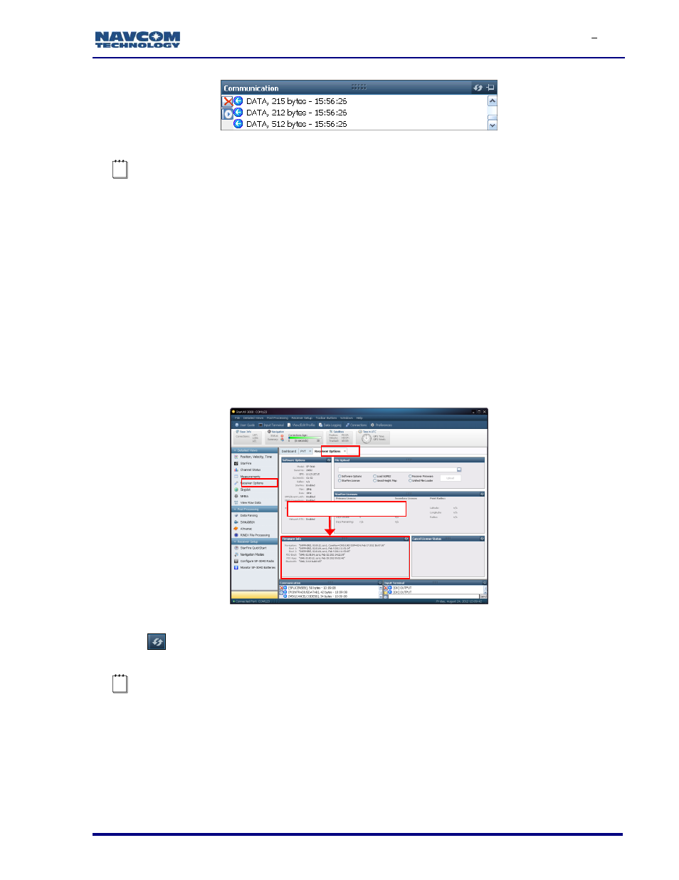 Determine current firmware versions, Figure 6: connection at incorrect baud rate, Figure 7: access to receiver options tab | NavCom SF-3050 Rev.I User Manual | Page 26 / 196