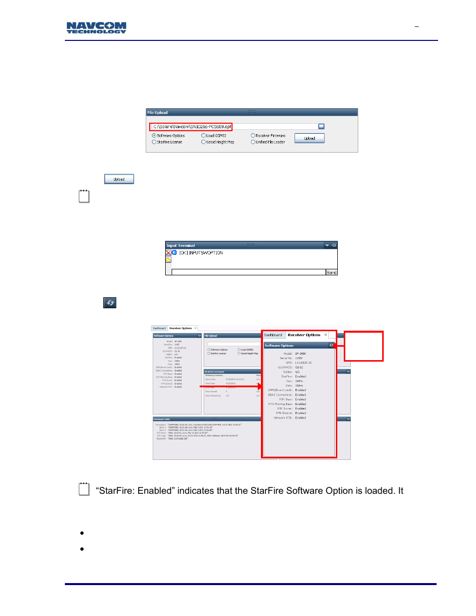 Figure 15: software options upload, Figure 16: successful software options upload, Figure 17: software options window | NavCom SF-3050 Rev.I User Manual | Page 30 / 196