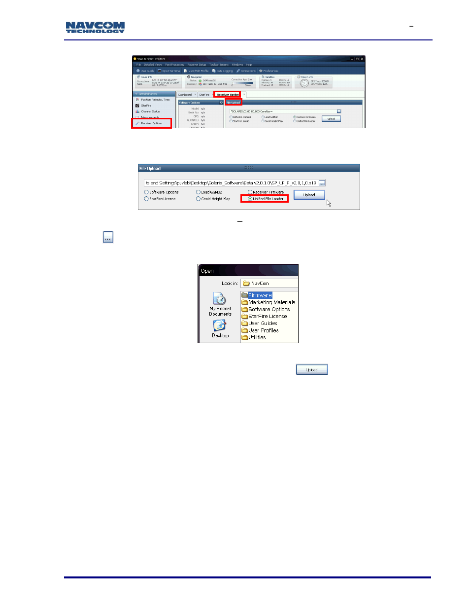 Figure 18: receiver options tab, Figure 19: file upload, Unified file loader option | Figure 20: firmware folder | NavCom SF-3050 Rev.I User Manual | Page 32 / 196