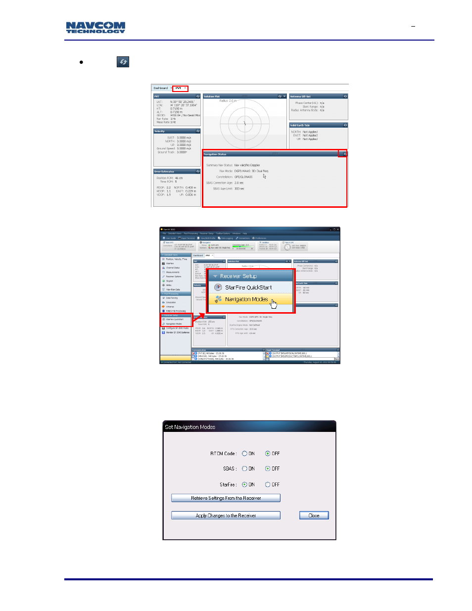 Figure 31: pvt tab/navigation status window, Figure 32: navigation modes menu item, Figure 33: set navigation modes/starfire on | Figure 31 | NavCom SF-3050 Rev.I User Manual | Page 37 / 196