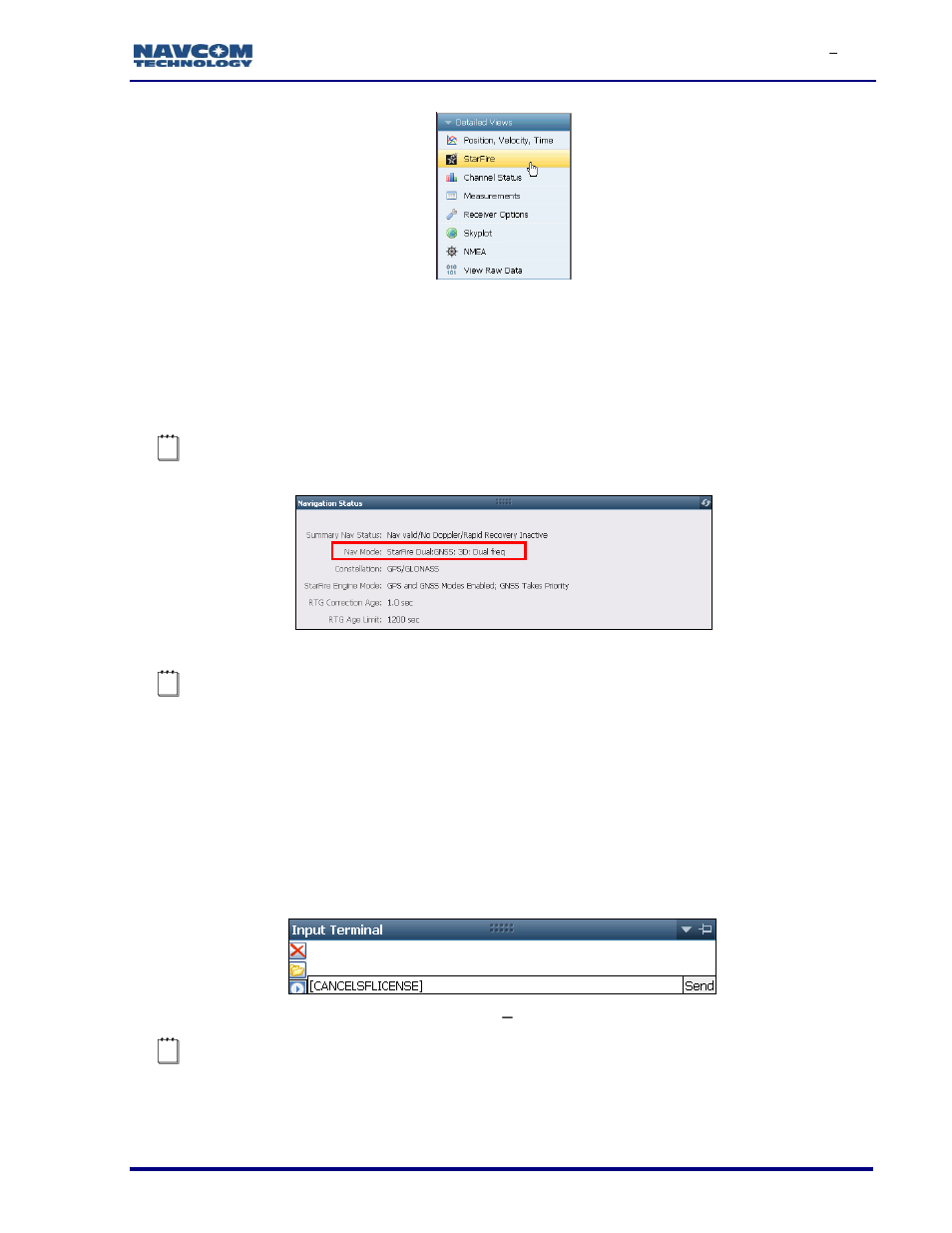 Confirm starfire navigation, How to cancel a starfire license, Figure 36: starfire menu item | Figure 37: nav mode: starfire dual gnss, Figure 38: input terminal, Cancel starfire license, Figure 36) | NavCom SF-3050 Rev.I User Manual | Page 39 / 196