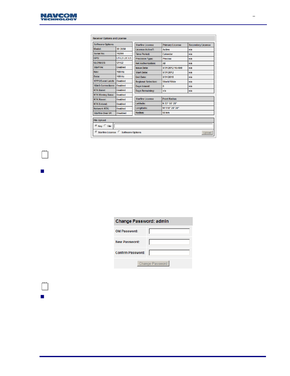 Figure 72: options and license screen, Figure 73: change password screen | NavCom SF-3050 Rev.I User Manual | Page 81 / 196