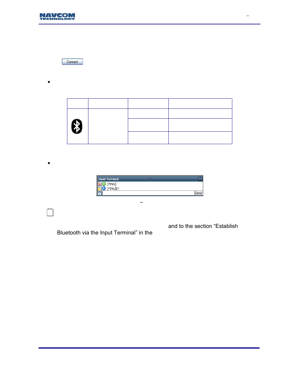 Figure 95: input terminal, Ping command and response, Table 12: bluetooth connectivity led indication | NavCom SF-3050 Rev.I User Manual | Page 99 / 196